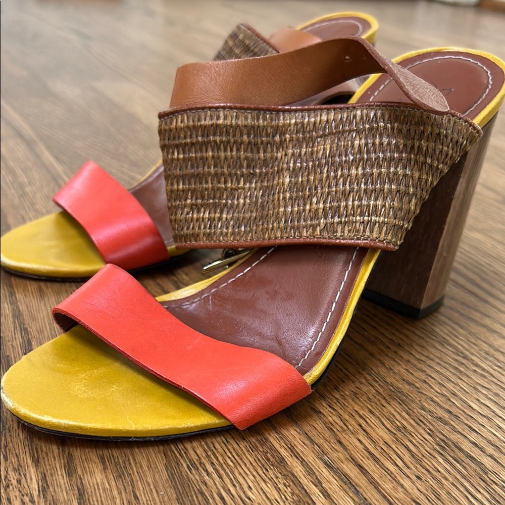 Elizabeth and James Red and Yellow Heels with Chunky Woven Heel